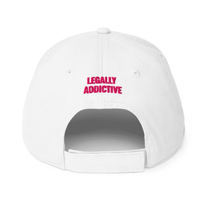 Back of the hat with Legally Addictive embroidery