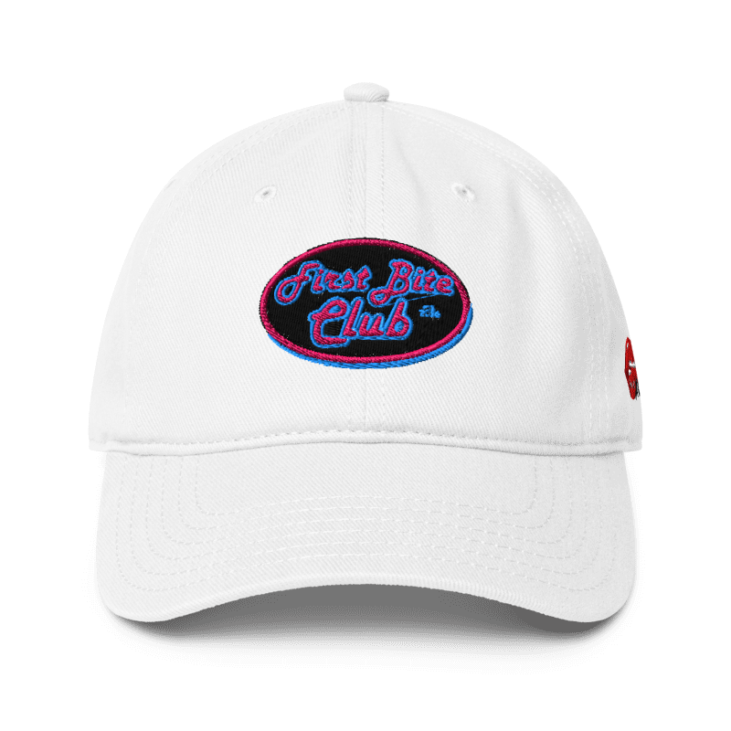 Front of the white First Bite Club hat