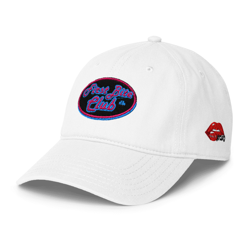 Exclusive white First Bite Club hat with pink-and-blue patch and First 50 detail