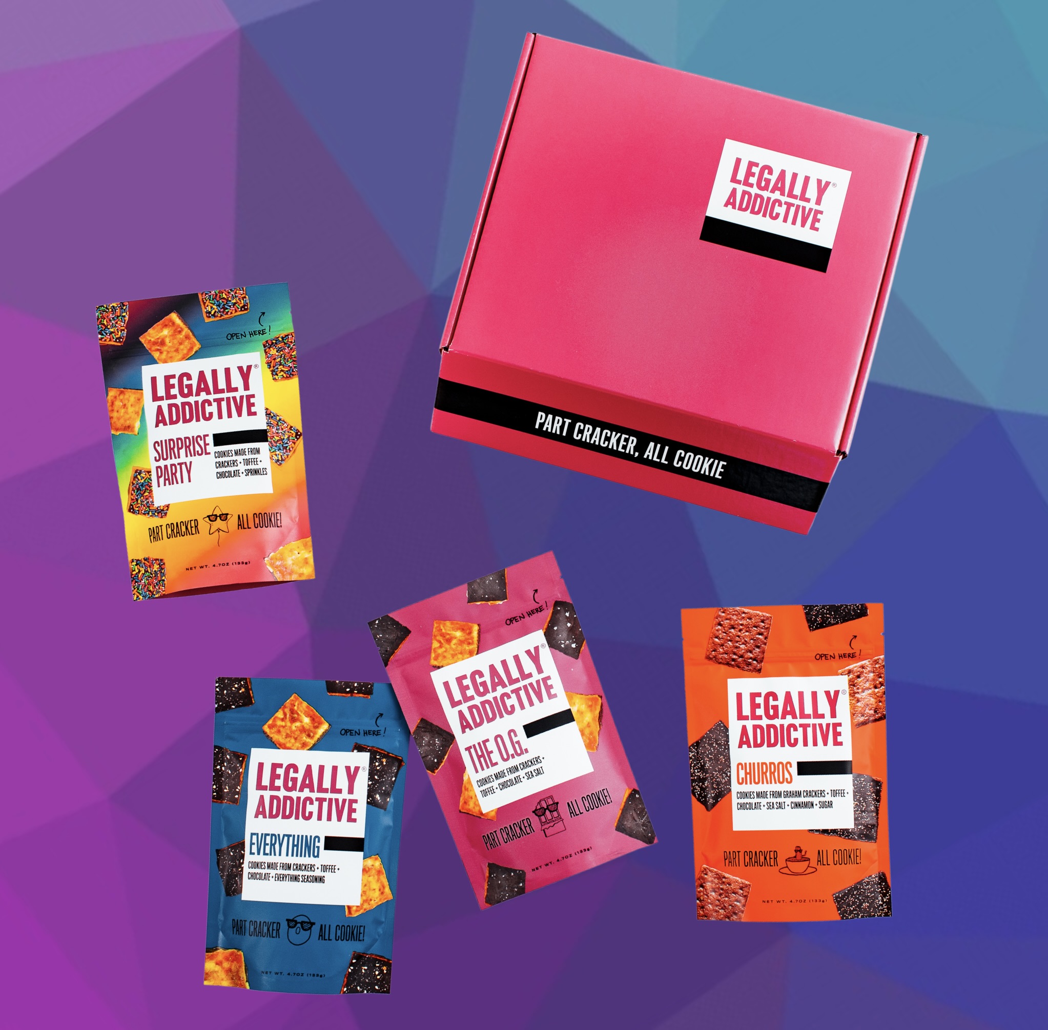 Pink Legally Addictive gift box with four cookie packs